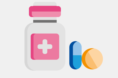 Icon Medikamente Stilisierte Medikamentendose mit zwei stilisierten Tabletten, eine davon in Kapselform