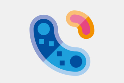 Icon Bakterien Icon mit zwei stilisierten Bakterien, ein größeres in Blau und ein kleineres in rot.